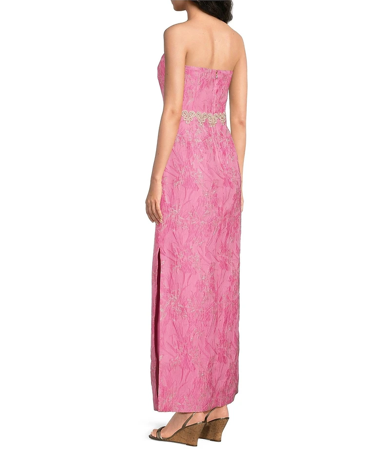Lilly Pulitzer Kristella Glitter Crinkle Brocade Strapless Lace Trim Maxi Dress