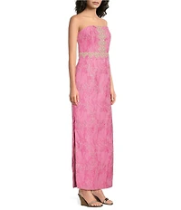 Lilly Pulitzer Kristella Glitter Crinkle Brocade Strapless Lace Trim Maxi Dress