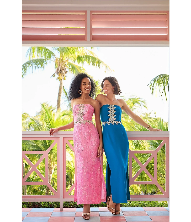 Lilly Pulitzer Kristella Glitter Crinkle Brocade Strapless Lace Trim Maxi Dress