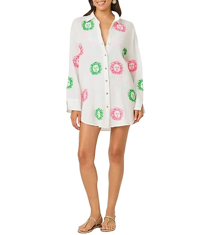 Lilly Pulitzer Kwitney Fleur De Lilly Embroidered Crinkle Gauze Shirt Swim Cover-Up