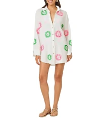 Lilly Pulitzer Kwitney Fleur De Lilly Embroidered Crinkle Gauze Shirt Swim Cover-Up