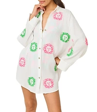 Lilly Pulitzer Kwitney Fleur De Lilly Embroidered Crinkle Gauze Shirt Swim Cover-Up
