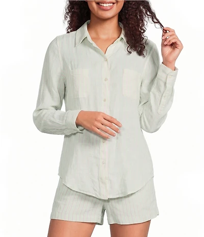 Lilly Pulitzer Linen Stripe Print Point Collar Long Sleeve Button Front Shirt