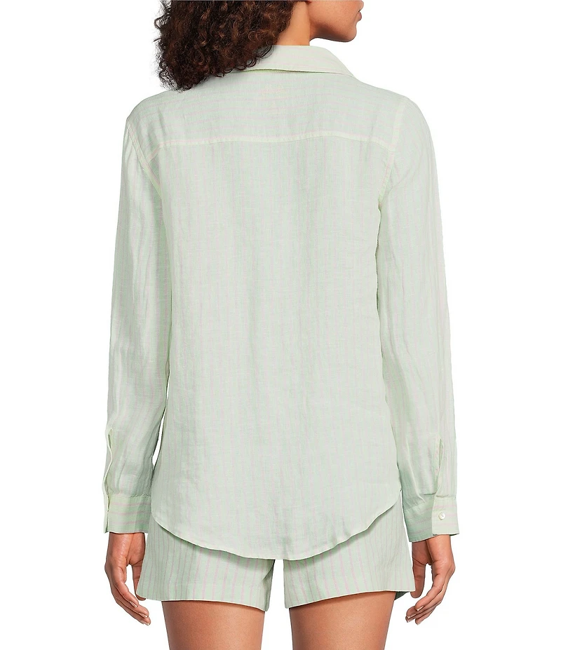 Lilly Pulitzer Linen Stripe Print Point Collar Long Sleeve Button Front Shirt