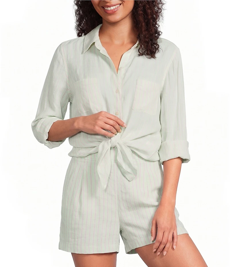 Lilly Pulitzer Linen Stripe Print Point Collar Long Sleeve Button Front Shirt