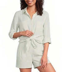 Lilly Pulitzer Linen Stripe Print Point Collar Long Sleeve Button Front Shirt