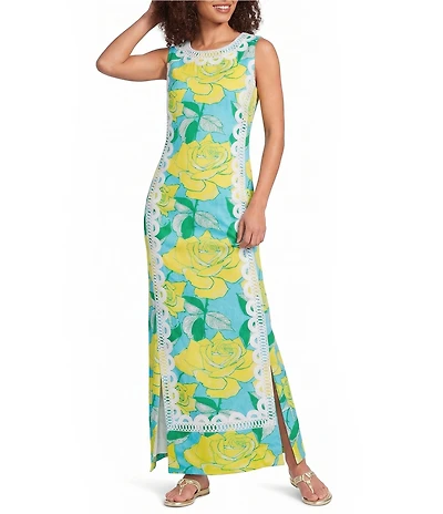 Lilly Pulitzer Lotta Stretch Vintage Dobby Ros Bud Print Crew Neck Sleeveless Lace Maxi Dress