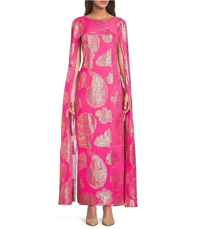 Lilly Pulitzer Madelyn Silk Metallic Paisley Boat Neck Cape Sleeve Maxi Caftan Dress