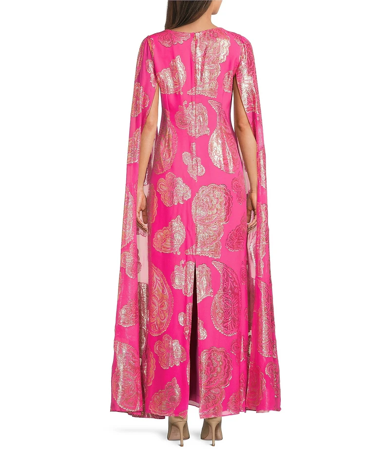 Lilly Pulitzer Madelyn Silk Metallic Paisley Boat Neck Cape Sleeve Maxi Caftan Dress