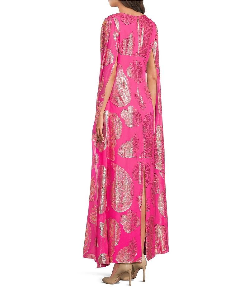 Lilly Pulitzer Madelyn Silk Metallic Paisley Boat Neck Cape Sleeve Maxi Caftan Dress