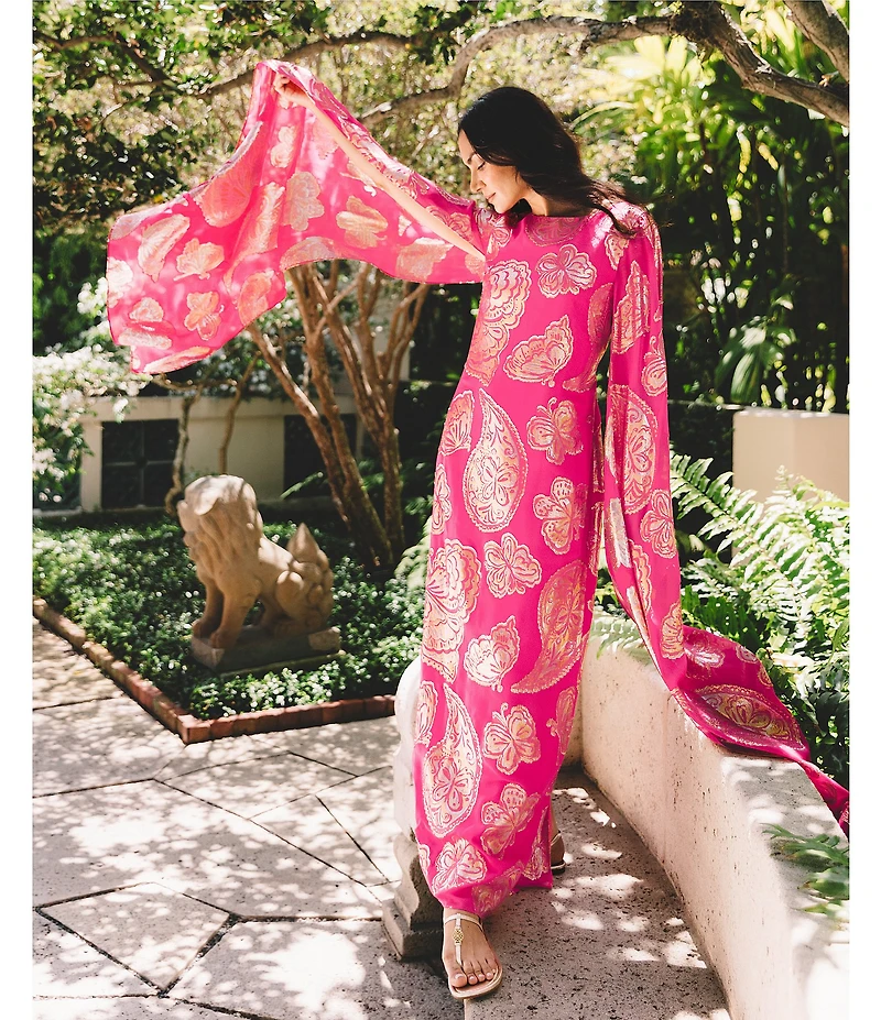 Lilly Pulitzer Madelyn Silk Metallic Paisley Boat Neck Cape Sleeve Maxi Caftan Dress