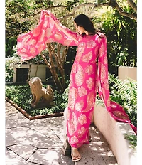 Lilly Pulitzer Madelyn Silk Metallic Paisley Boat Neck Cape Sleeve Maxi Caftan Dress