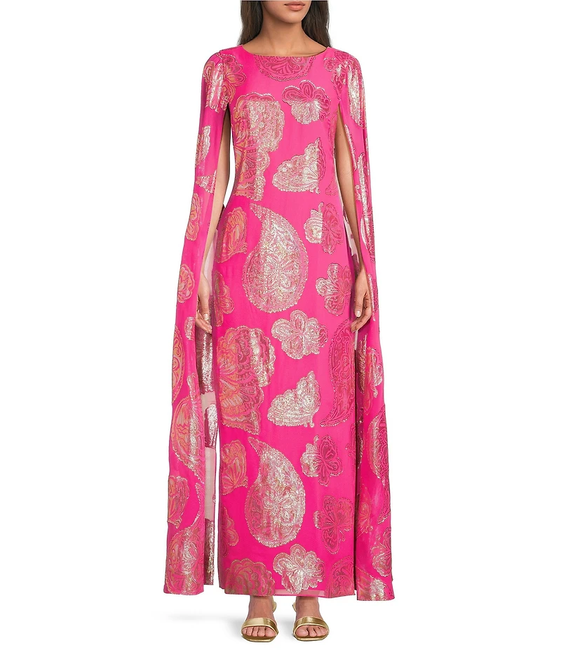 Lilly Pulitzer Madelyn Silk Metallic Paisley Boat Neck Cape Sleeve Maxi Caftan Dress