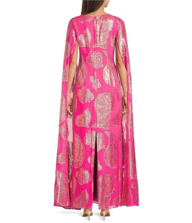 Lilly Pulitzer Madelyn Silk Metallic Paisley Boat Neck Cape Sleeve Maxi Caftan Dress