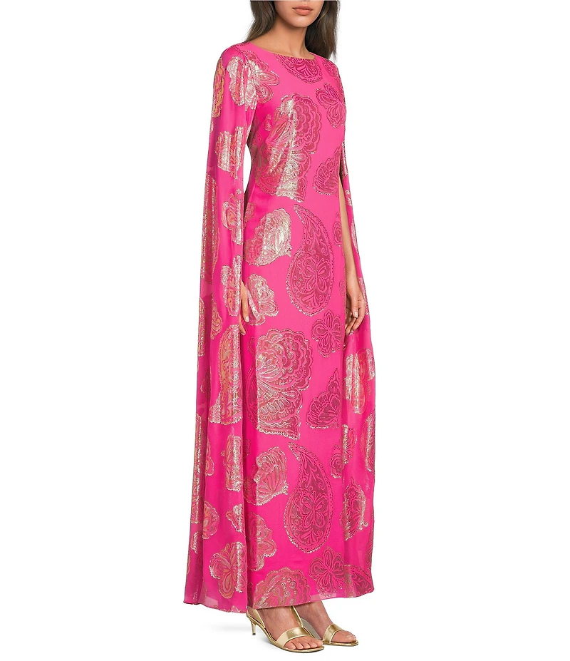 Lilly Pulitzer Madelyn Silk Metallic Paisley Boat Neck Cape Sleeve Maxi Caftan Dress