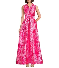 Lilly Pulitzer Marria Printed Satin Jacquard Point Collar Neck Sleeveless TIe Waist Maxi Dress