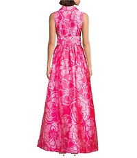 Lilly Pulitzer Marria Printed Satin Jacquard Point Collar Neck Sleeveless TIe Waist Maxi Dress