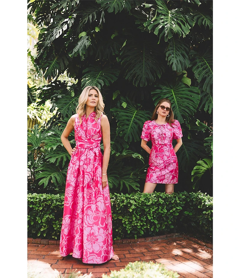 Lilly Pulitzer Marria Printed Satin Jacquard Point Collar Neck Sleeveless TIe Waist Maxi Dress
