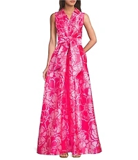 Lilly Pulitzer Marria Printed Satin Jacquard Point Collar Neck Sleeveless TIe Waist Maxi Dress