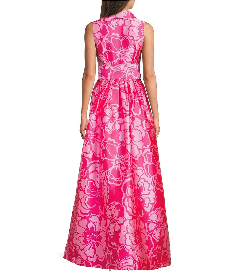 Lilly Pulitzer Marria Printed Satin Jacquard Point Collar Neck Sleeveless TIe Waist Maxi Dress