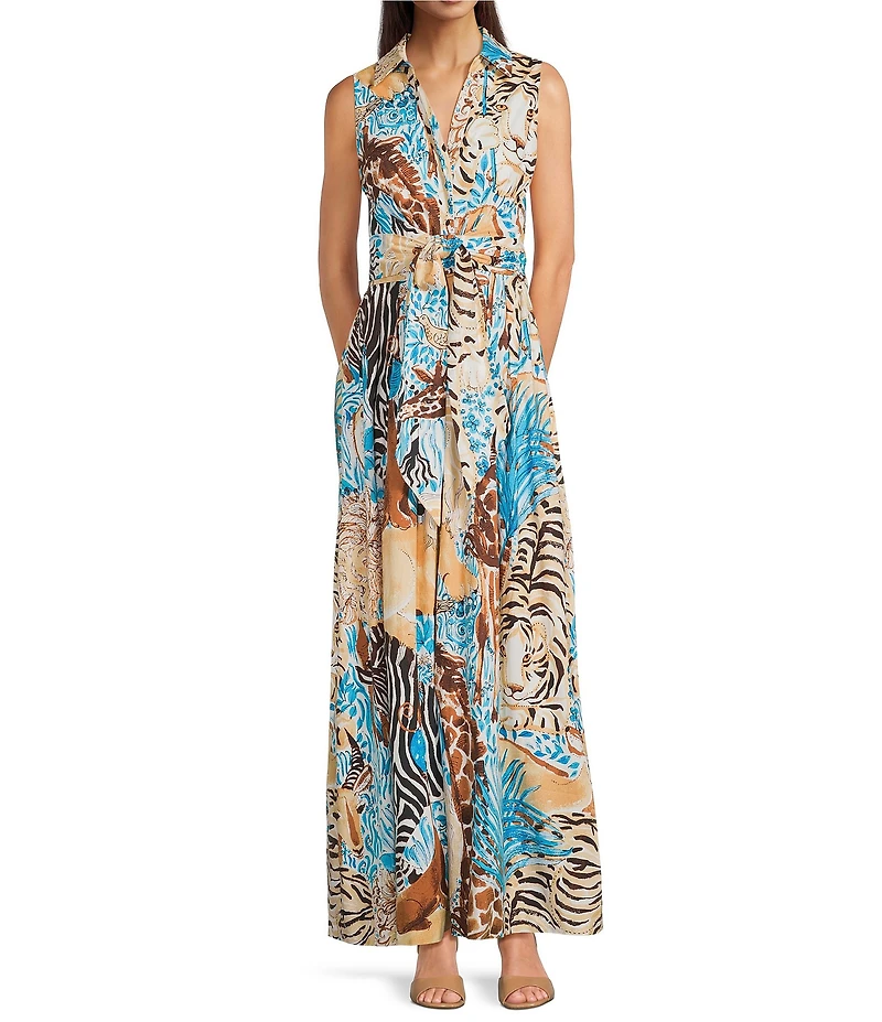 Lilly Pulitzer Marria Stretch Lilys Zoo Print Notch Collar Sleeveless Fit-And-Flare Maxi Dress