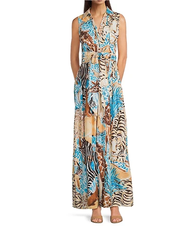 Lilly Pulitzer Marria Stretch Lilys Zoo Print Notch Collar Sleeveless Fit-And-Flare Maxi Dress