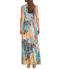 Lilly Pulitzer Marria Stretch Lilys Zoo Print Notch Collar Sleeveless Fit-And-Flare Maxi Dress