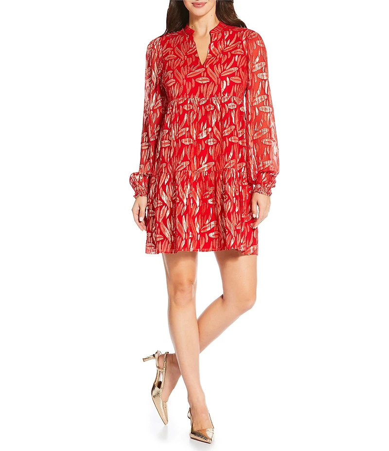 Lilly Pulitzer Metallic Clip Silk Notch Collar Long Sleeve Tiered Swing Dress