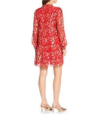 Lilly Pulitzer Metallic Clip Silk Notch Collar Long Sleeve Tiered Swing Dress
