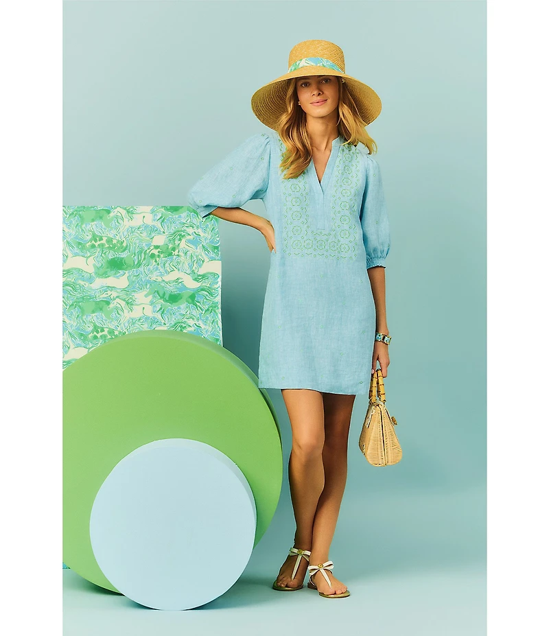 Lilly Pulitzer Mialeigh Embroidered Split V-Neck Elbow Sleeve Dress