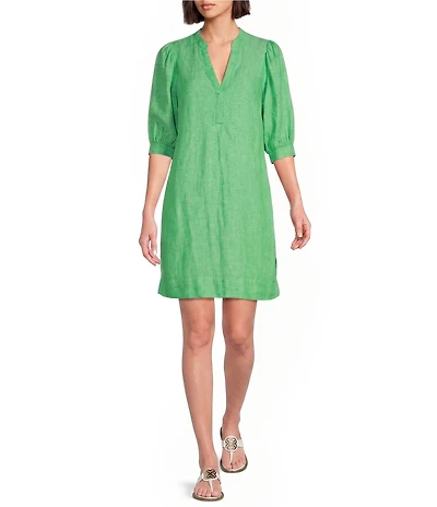 Lilly Pulitzer Mialeigh Linen Notch V-Neck Elbow Sleeve Popover Dress