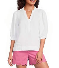 Lilly Pulitzer Mialeigh Linen Notch V-Neck Elbow Sleeve Top