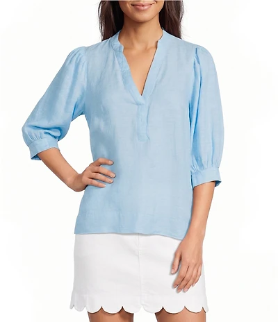Lilly Pulitzer Mialeigh Linen Notch V-Neck Elbow Sleeve Top