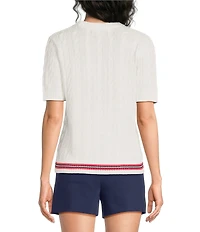 Lilly Pulitzer Miko Cable Knit Crew Neck Short Sleeve Lobster Motif Embroidery Top