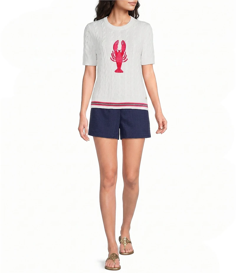 Lilly Pulitzer Miko Cable Knit Crew Neck Short Sleeve Lobster Motif Embroidery Top