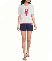 Lilly Pulitzer Miko Cable Knit Crew Neck Short Sleeve Lobster Motif Embroidery Top