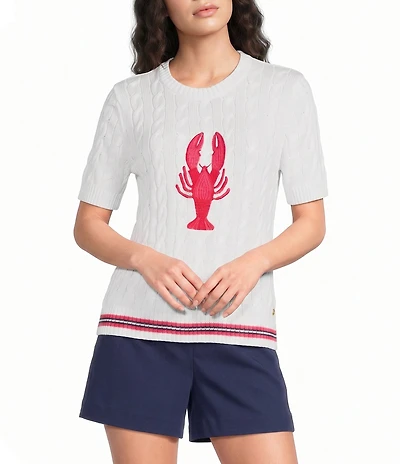 Lilly Pulitzer Miko Cable Knit Crew Neck Short Sleeve Lobster Motif Embroidery Top