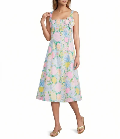 Lilly Pulitzer Nelly Stretch Poplin Lilly Garden Print Square Neck Sleeveless Rosette Midi Dress