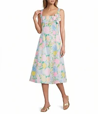 Lilly Pulitzer Nelly Stretch Poplin Lilly Garden Print Square Neck Sleeveless Rosette Midi Dress