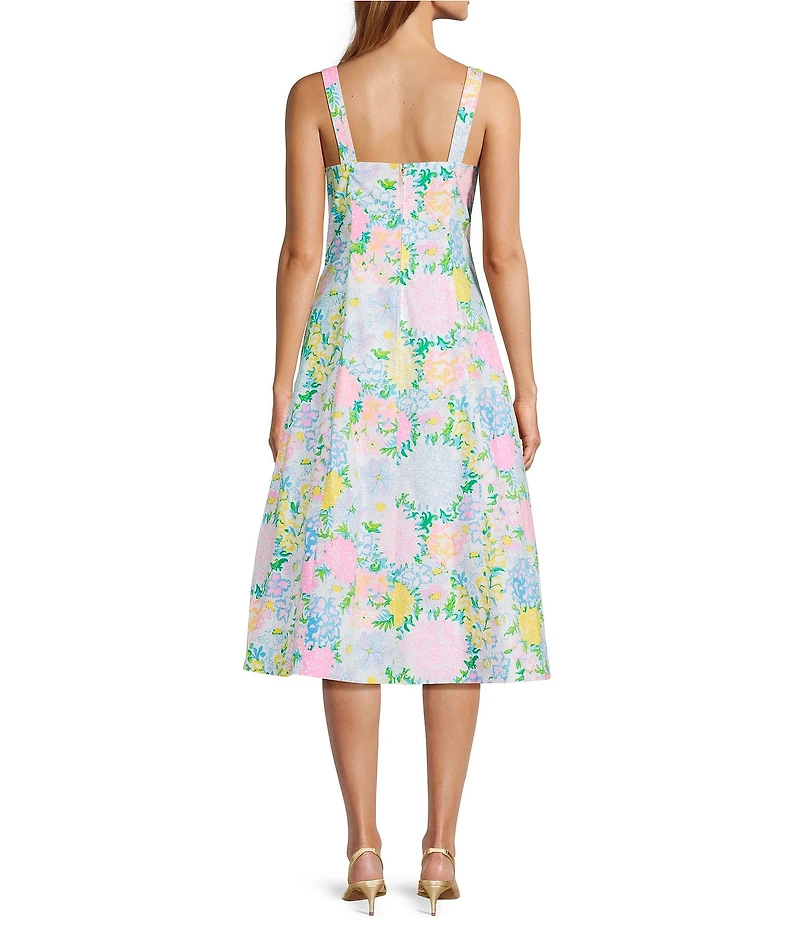 Lilly Pulitzer Nelly Stretch Poplin Lilly Garden Print Square Neck Sleeveless Rosette Midi Dress