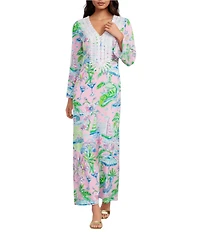 Lilly Pulitzer Ocleppo Satin Back Crepe Sunny Dee Print V-Neck Flare Sleeve Maxi Caftan Dress