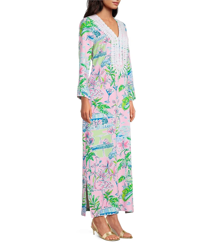 Lilly Pulitzer Ocleppo Satin Back Crepe Sunny Dee Print V-Neck Flare Sleeve Maxi Caftan Dress