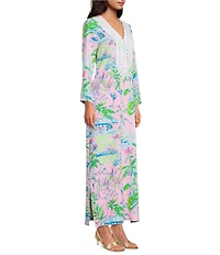 Lilly Pulitzer Ocleppo Satin Back Crepe Sunny Dee Print V-Neck Flare Sleeve Maxi Caftan Dress