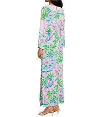 Lilly Pulitzer Ocleppo Satin Back Crepe Sunny Dee Print V-Neck Flare Sleeve Maxi Caftan Dress
