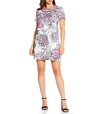 Lilly Pulitzer Olive All Dahled Up Printed Mikado Beaded Crew Neck Short Sleeve Shift Mini Dress