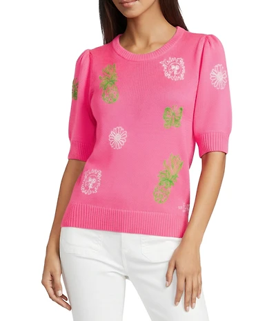 Lilly Pulitzer Orton Pink Fluer Embroidery Crew Neck Short Sleeve Sweater