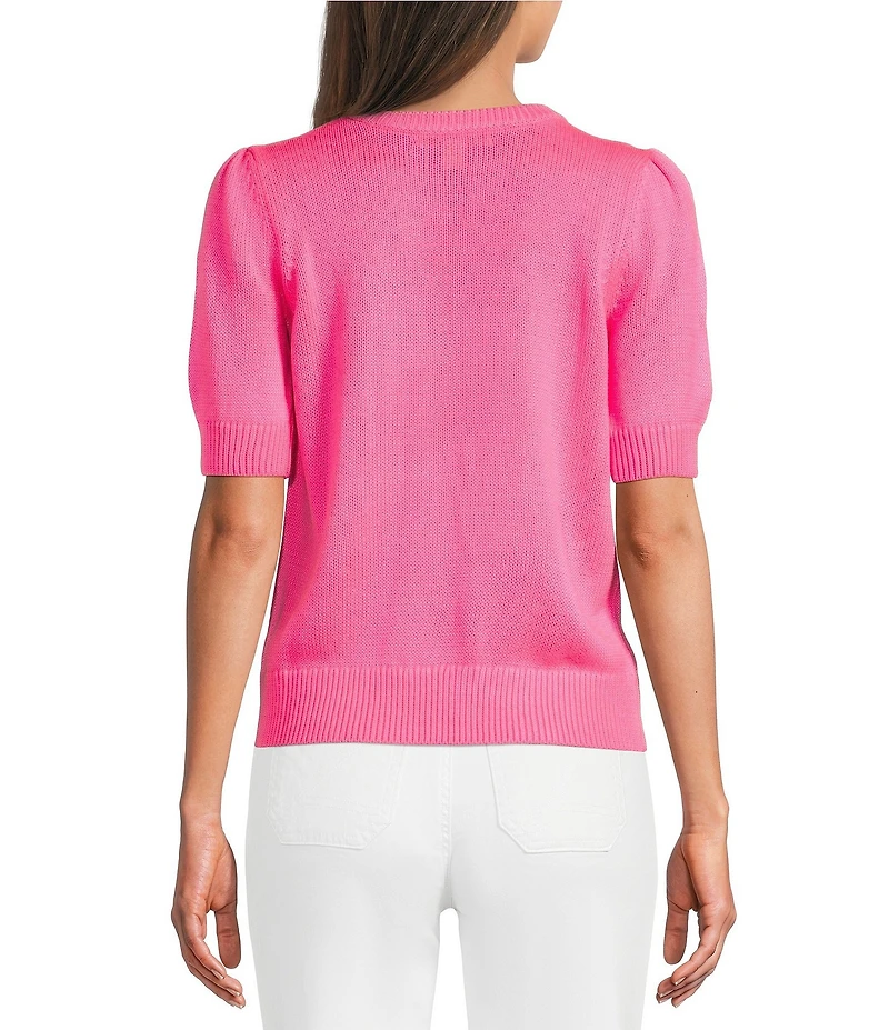 Lilly Pulitzer Orton Pink Fluer Embroidery Crew Neck Short Sleeve Sweater