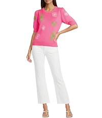 Lilly Pulitzer Orton Pink Fluer Embroidery Crew Neck Short Sleeve Sweater