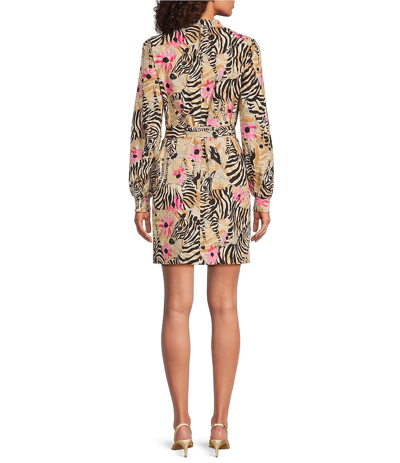 Lilly Pulitzer Phillipa Stretch Poplin El Morocco Animal Print V-Neck Long Sleeve Tie Waist Mini Dress