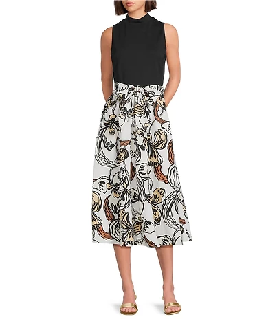 Lilly Pulitzer Prima Floral Mixed Media Mock Neck Sleeveless Tie Waist Midi Dress